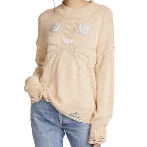 Wildfox Neutral Wool Alpaca Blend Distressed Whiskered Cat Embroidered Sweater
